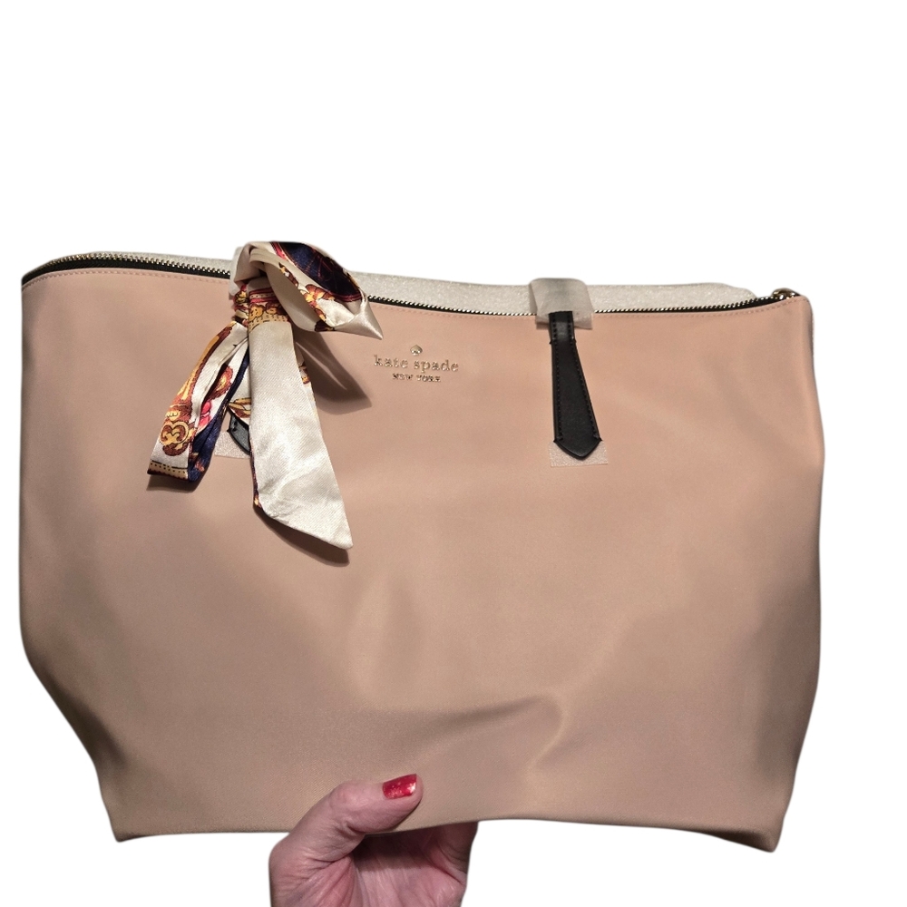 Kate Spade Kitt Colorblock Warm Beige Large Nylon Tote With Dustbag/scarf NWT - Picture 12 of 12